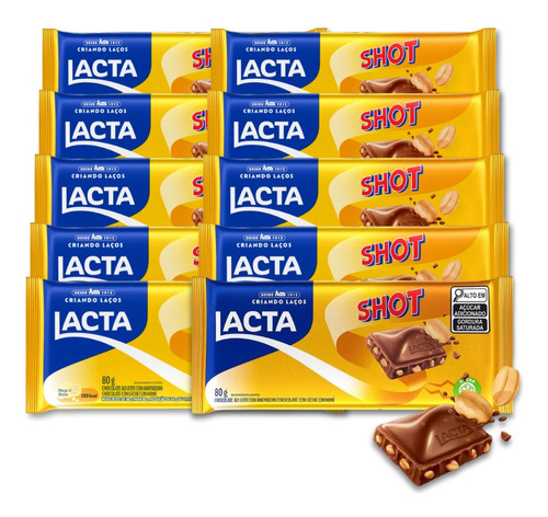 Chocolate Shot Com Amendoim Lacta Kit 10 Barras De 80g