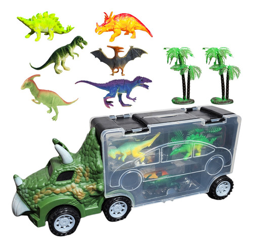 Auto Camion De Dinosaurio Jurassic Grande + 6 Dinos De Goma