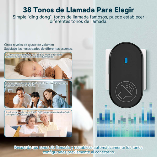 Timbre Inalámbrico Impermeable Con Luz Led 1 Transmiso 1 Rec Negro