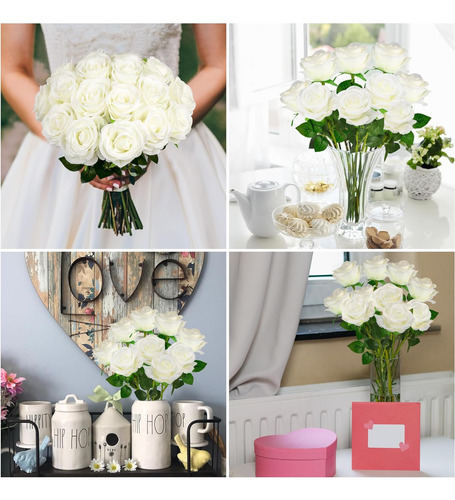 Ramo De 18 Rosas Blancas Artificiales De Seda Con Tallos Lar
