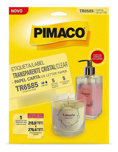 Etiqueta Transparente Cristal 5 Folhas 215x279mm Pimaco Desenho impresso Liso