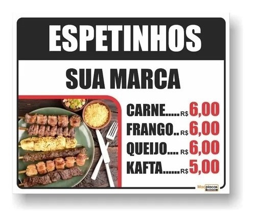 Placa Vendo Espetinhos Com Logotipo/preços 60x50cm 1mm