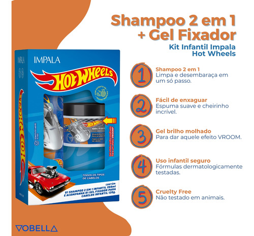 Kit Shampoo 2 Em 1 Gel Fixador Kids Hot Wheels Prata Impala