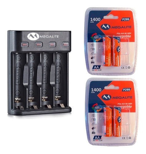 Cargador De Pilas + 4 Pilas Recargables Aa 1400mah 