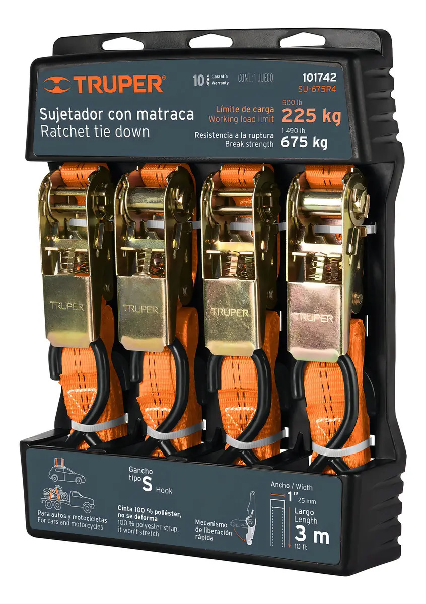 Sujetador Con Matraca 675 Kg 4 Piezas Truper 101742 Color Naranja