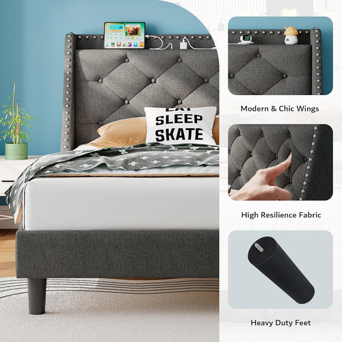 Base De Cama Ipormis Individual Y Con Puerto Usb Gris Oscuro