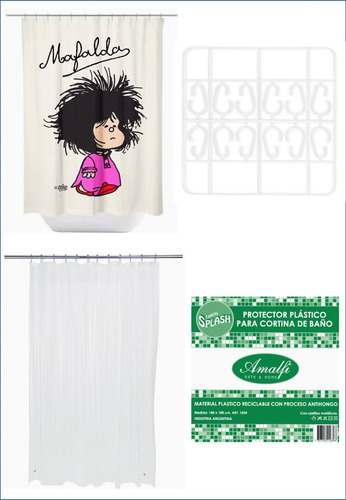 Cortina Baño Tela + Protector + Ganchos Mafalda Despeinada