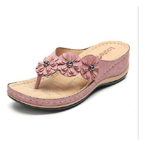 Sandalias De Cuña Planas Florales Retro Hechas A Mano Mujer