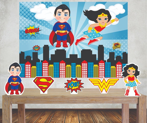 Kit Festa Painel + Displays Super Homem E Mulher Maravilha