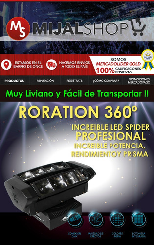 Cabezal Gbr Movil Rotation 360 Giro Spider Barrido 8 Led 3w Alta Potencia Programable Dmx 512 Rgbw Flash Mijalshop