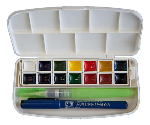 Caja Acuarelas Kuretake Zig X 14 Colores + Waterbrush + Deli