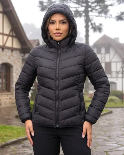 Jaqueta Feminina Puffer Impermeável Capuz Frio Inverno