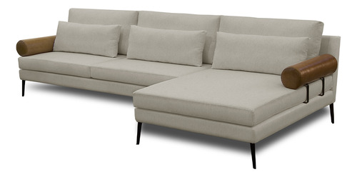 Sofá 3 Lugares Chaise 260cm Malik Linho Bege Courís Camel