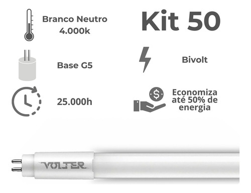 Kit 50 Lâmpada Led Tubular Volter 18w T5 115cm G5 127/220V Branco Neutro 4000k 2000lm