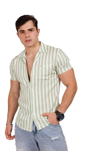 Camisa Tropikl Hawaiana Harmony Slim Fit Noche Verde Blanco