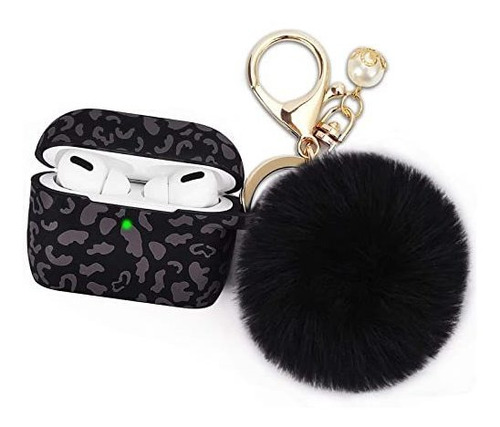 Funda Leopardo Negro Compatible Con AirPods Pro Con Pompon