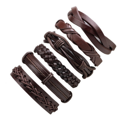 Imagen 4 de 6 de Conjunto Pulsera Brazalete Hombre Moda Soga Cuero 6 En 1