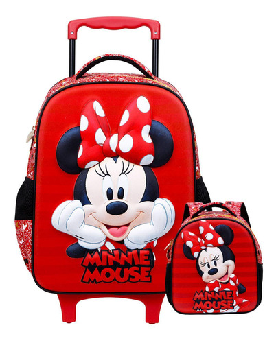Kit Minnie Mouse Luxo 3d Mochila Rodas + Lancheira