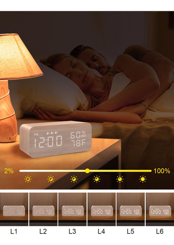Reloj Despertador Digital De Madera Con Carga Inalámbrica, P