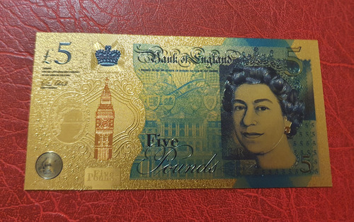 Billete Coleccionable 5 Libras Inglaterra Detalles Color Oro