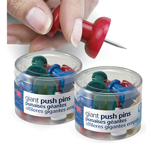 Officemate Giant Push Pins, 1.5  Colores Surtidos, 2 Botes D