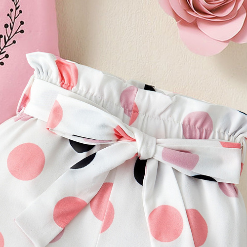 Conjunto Adorable Con Shorts De Lunares Y Diadema Con Moño Rosa 9-12 M