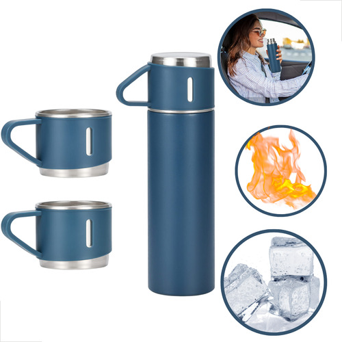Garrafa Com Xícaras Térmica Inox Vacuum Flask Set Suco Água Cor Azul