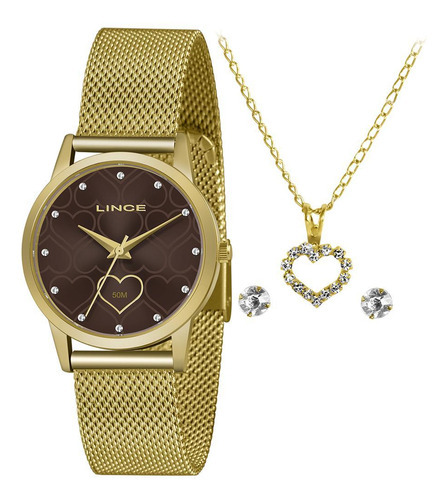 Relógio Feminino Lince Dourado Marrom Coração Com +