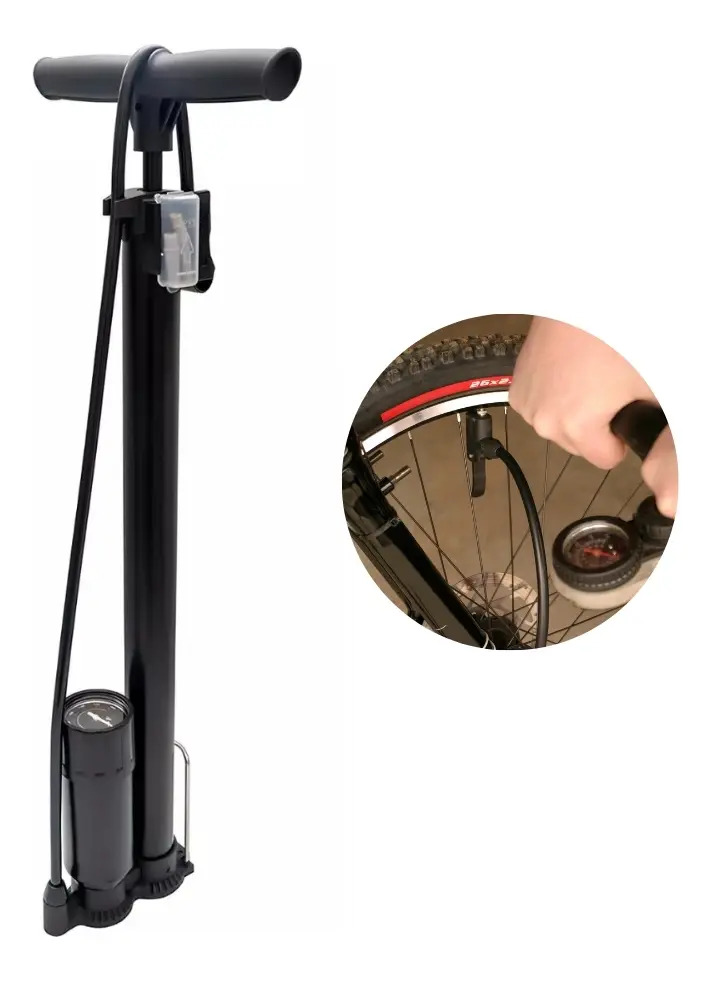Bomba Ar Bicicleta Bico Fino Grosso Oficina 160psi Manômetro Preto