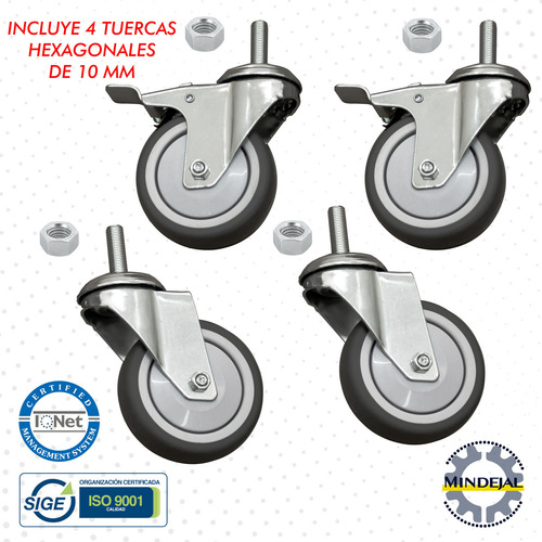 Pack 4 ruedas llantas hule Pvc 3 pulgada freno giratorias ruedas Mindejal MINRU3