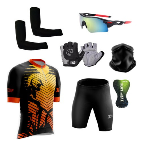 Kit Ciclismo Camisa E Bermuda Par De Luvas Óculos Manguito