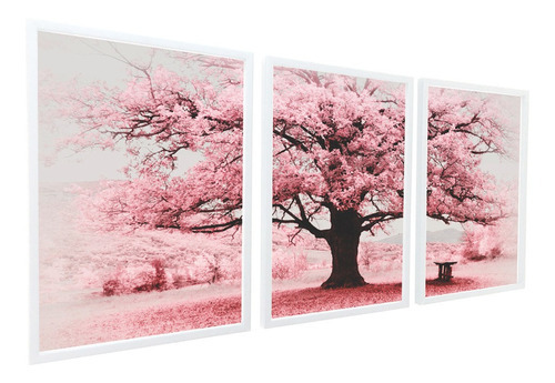 Quadro Decorativo Paisagem Árvore Vida Rosa Flor Consultório Cor Da Armação Branco Cor Rosa