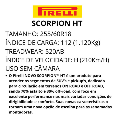 Pneu Pirelli 255/60r18 112h Scorpion Ht Xl