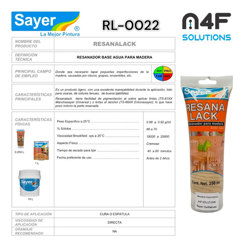 Sayer Resanalack Para Madera Base Agua Pino (250ml) 2pz