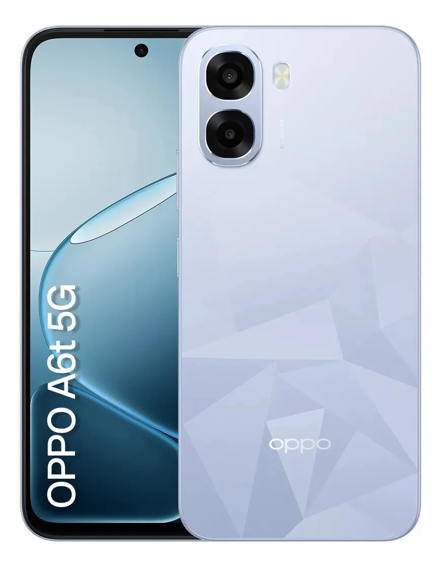 Smartphone Oppo A6t 5g 256gb, 24gb Ram (8gb + 16gb Virtual Ram), Bateria gigante de 6500 mAh, AI Câmera 50MP, Tela 120Hz, NFC, IP64 - Azul Cristal