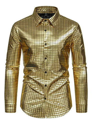 Camisa Cuadros Metalicos Brillosos Hombre Fiesta Antro Moda