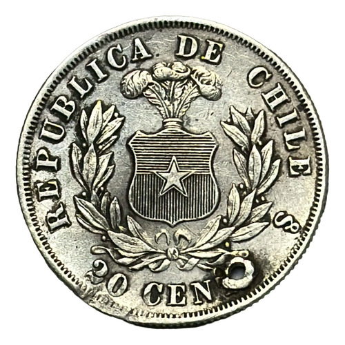 Moneda Chile 20 Centavos Año 1872 Plata Km# 138.2 Perforada