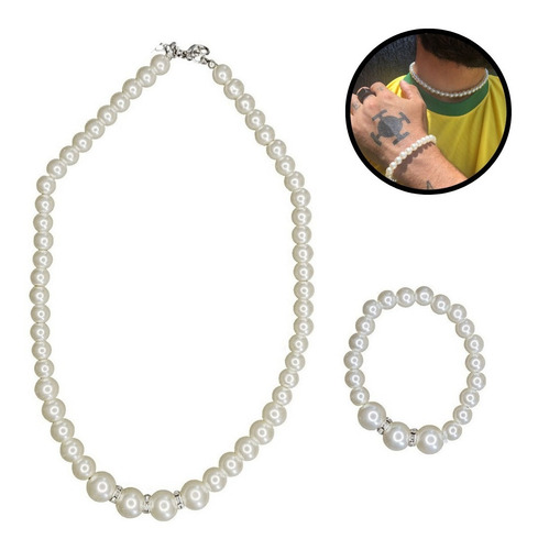 Colar Pérola Masculino Gargantilha + Pulseira Hype Ajustável Cor Branco