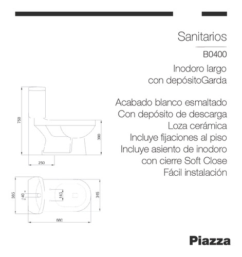 Inodoro Largo Piazza Con Deposito Asiento Descarga Garda
