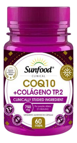 Coenzima Q10 + Colageno Tipo 2 - 750mg - 60 Caps Sunfood Sabor Sem sabor