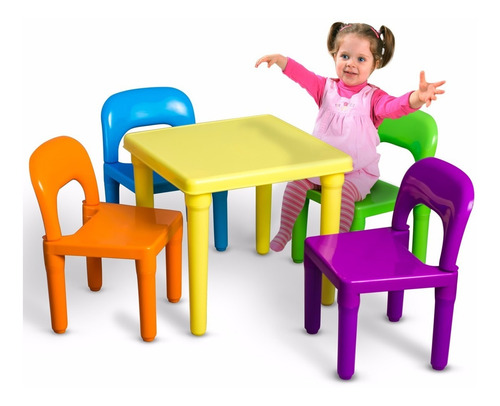 Imagen 1 de 2 de Mesa Mesita Con 4 Sillas Juego Niños Comedor Jugar Colores