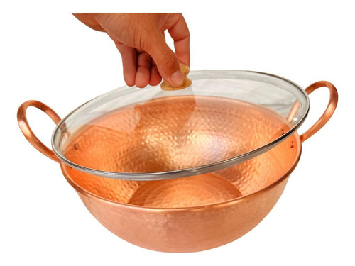 Tacho De Cobre 1,5 Litro Com Alças De Cobre E Tampa De Vidro