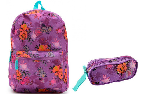 Mochila Bolsa Floral Florida Costas Escolar + Estojo - Clio