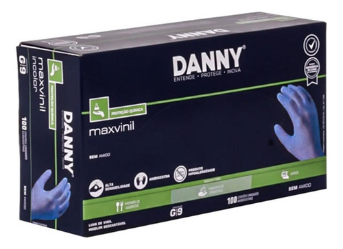 Luva De Vinil Descartável Sem Amido Azul Danny 100 Unidades Com Pó Não Tamanho Xg