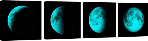 Set 4 Cuadros Decorativos Fases De La Luna Tono Azul Verde
