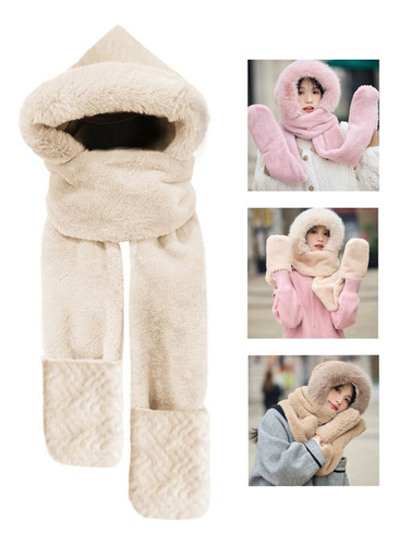 Conjunto 2 En 1 Gorro Bufanda Abrigado Invierno Frío Peluche Crema Único