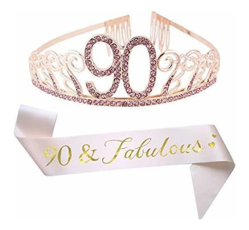 90 Cumpleanos Rosa Tiara Y Faja, 90 Y Fabuloso Faja De Satr