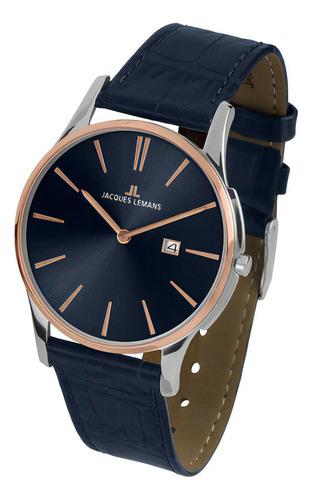 Reloj Hombre Jacques Lemans Clásico Cuero Color De La Correa Azul Color Del Bisel Oro/rosa Color Del Fondo Azul