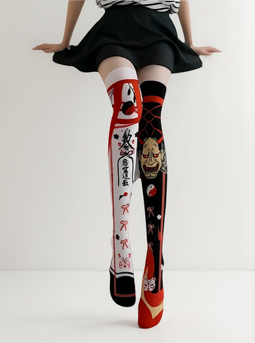 Medias Lolita Con Estampado Mascara Hannya Negro Mascara Hannya Unitalla
