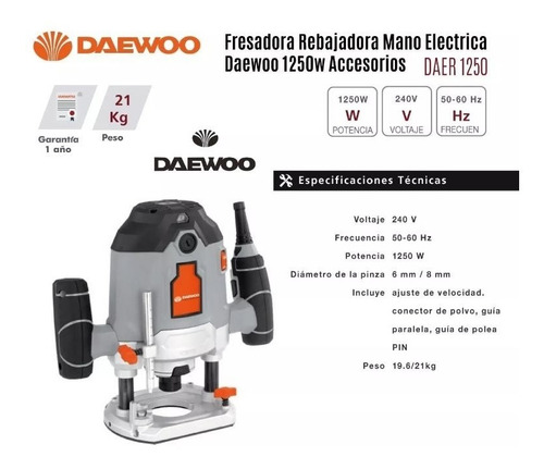Imagen 3 de 9 de Fresadora Router Rebajadora Tupi Daewoo 1250w + Acces 6-8mm